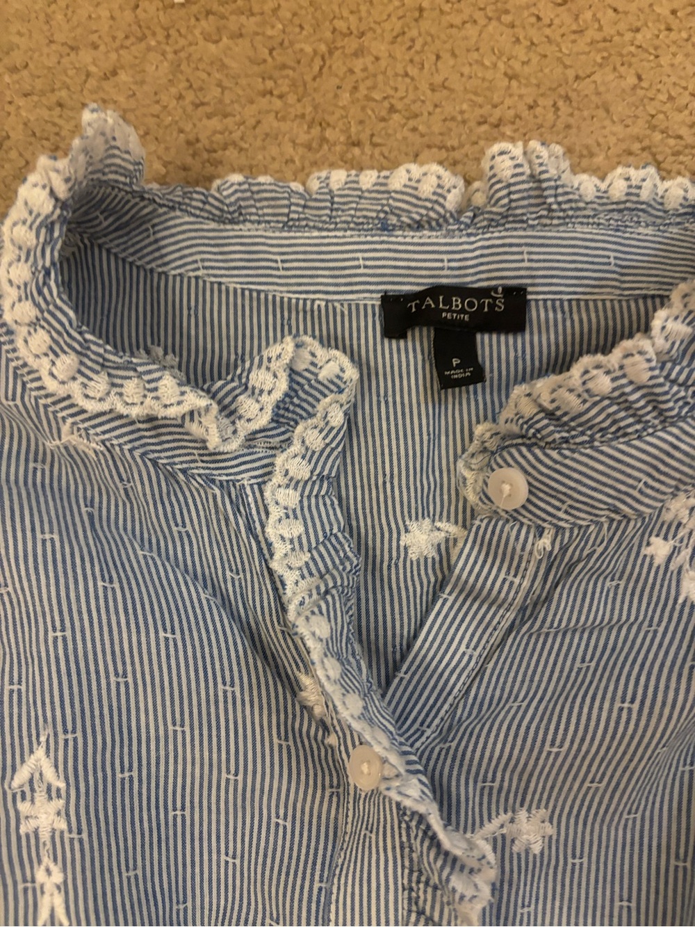 Talbots Blue & White Striped Ruffle Button-Front Top - Picture 2 of 3